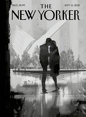 Couple Embracing in Cityscape Wall Art