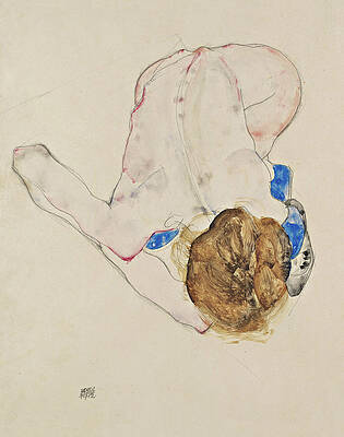 Expressionism Wall Art featuring the painting Nude With Blue Stockings Bending Forward by Egon Schiele