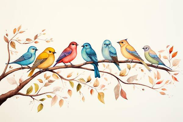 Vibrant Wall Art featuring the painting A Colorful Bird Symphony - Series 2 by Land of Dreams