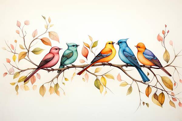 Vibrant Wall Art featuring the painting A Colorful Bird Symphony - Series 3 by Land of Dreams