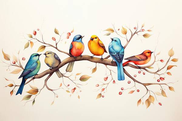 Vibrant Wall Art featuring the painting A Colorful Bird Symphony - Series 4 by Land of Dreams