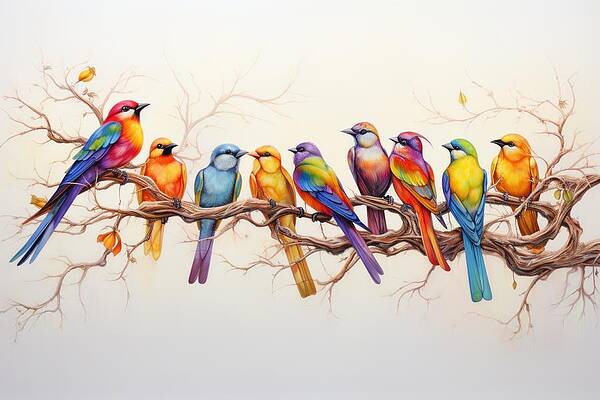 Vibrant Wall Art featuring the painting A Colorful Bird Symphony - Series 5 by Land of Dreams
