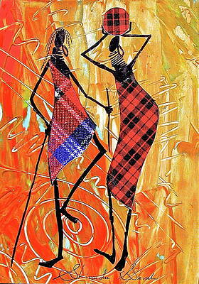 Vibrant Wall Art featuring the painting A Couple In Coversation by Sarah Shiundu