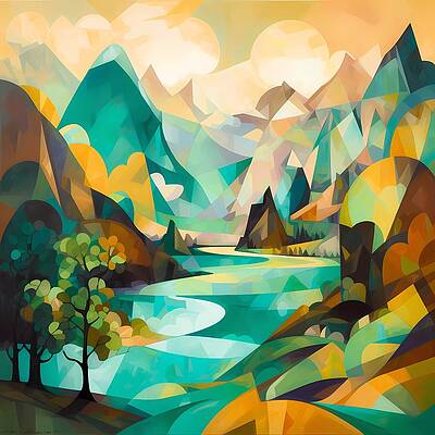 Geometric Wall Art featuring the digital art A Cubist Interpretation Of A Natural Landscape With Mountains No 1 by Andre Petrov