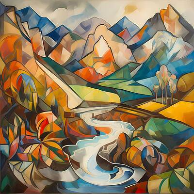 Geometric Wall Art featuring the digital art A Cubist Interpretation Of A Natural Landscape With Mountains No 2 by Andre Petrov