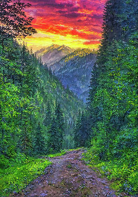 Mountain Wall Art featuring the digital art A Dirt Path In The Forest With Mountains In The Distance Under A Red Sunset Sky - Digital Painting by Nicko Prints