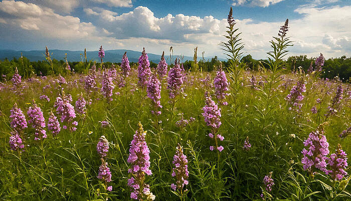 Mountain Wall Art featuring the digital art A Field Of Purple Loosestrife Flowers Under A Beautiful Sky With Clouds - Digital Painting by Nicko Prints