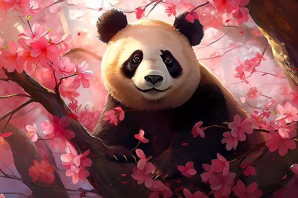Wildlife Digital Art - A Friendly Panda  Amidst A Cherry Blossom Forest No 2 by Andre Petrov