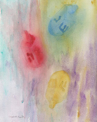 Colorful Painting - A Miracle Happened, Dreidels In Primary Colors by Elizabeth Reich