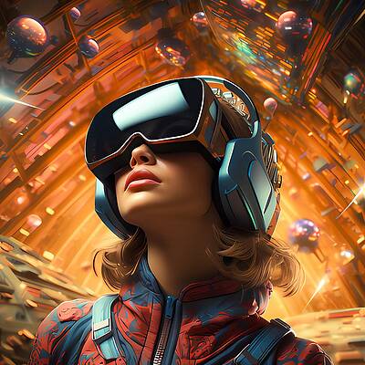 Wall Art featuring the digital art A Person Wearing VR Glasses In A Fantastical World by Andre Petrov