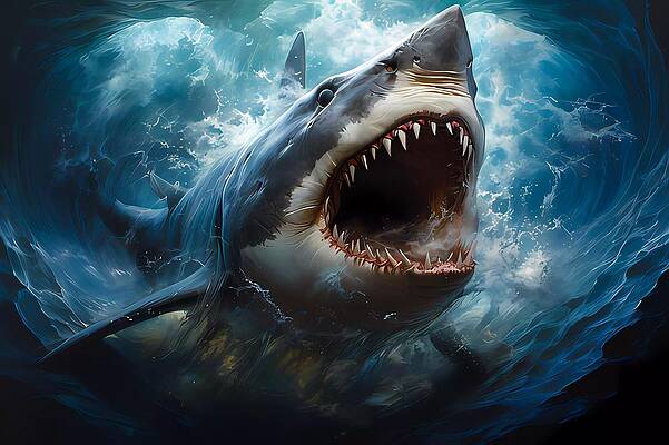 Wildlife Digital Art - A Photorealistic Painting Of A Fierce Shark Emerging From The Depths Of The Ocean No 1 by Andre Petrov