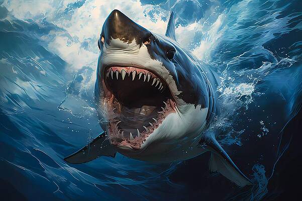 Wildlife Digital Art - A Photorealistic Painting Of A Fierce Shark Emerging From The Depths Of The Ocean No 2 by Andre Petrov