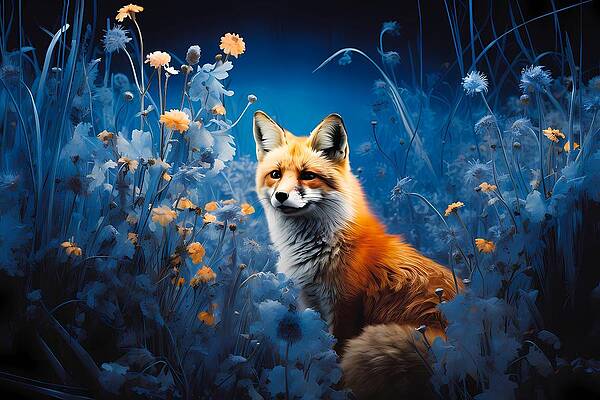 Wildlife Digital Art - A Playful Cyanotype Art Of A Fox Amidst A Field Of Wildflowers by Andre Petrov