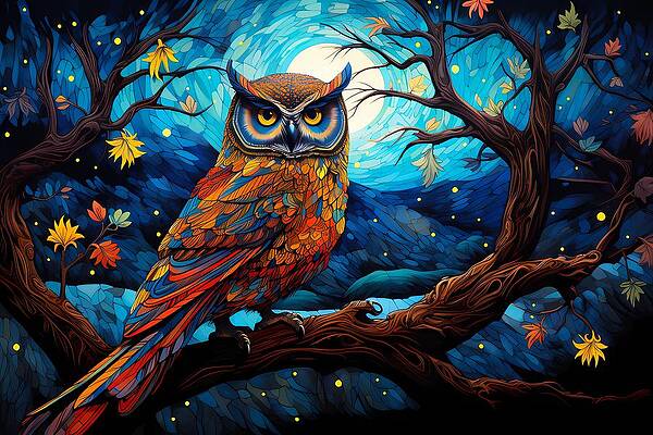 Whimsical Wall Art featuring the digital art A Pointillist Style Artwork Of An Owl Under The Moonlight No 1 by Andre Petrov