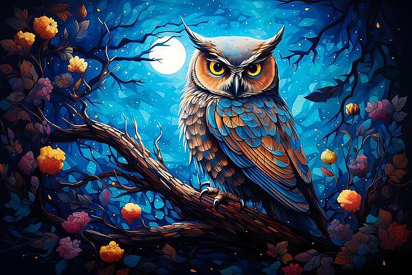Whimsical Wall Art featuring the digital art A Pointillist Style Artwork Of An Owl Under The Moonlight No 2 by Andre Petrov