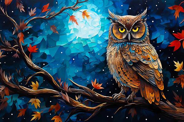 Whimsical Wall Art featuring the digital art A Pointillist Style Artwork Of An Owl Under The Moonlight No 3 by Andre Petrov