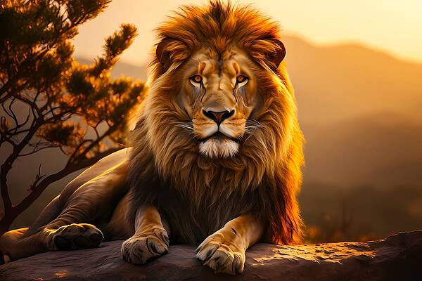 Wildlife Digital Art - A Proud Lion Watching Over His Pride At Sunset No 1 by Andre Petrov