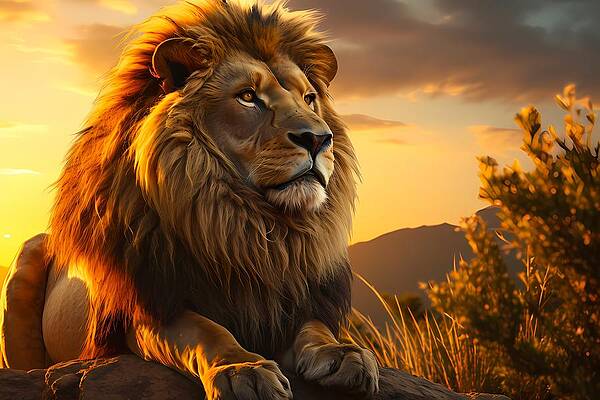 Natural Wall Art featuring the digital art A Proud Lion Watching Over His Pride At Sunset No 3 by Andre Petrov