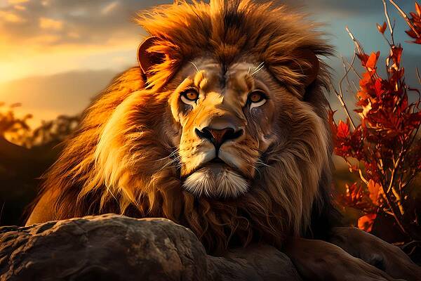 Wildlife Digital Art - A Proud Lion Watching Over His Pride At Sunset No 4 by Andre Petrov