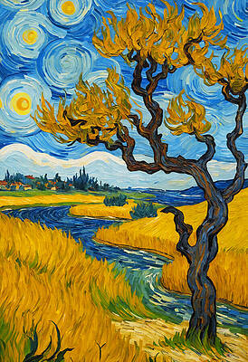 Nature Digital Art - A River Flowing In A Wheat Field, With A Tree In The Foreground, In The Style Of Vincent Van Gogh by Nicko Prints