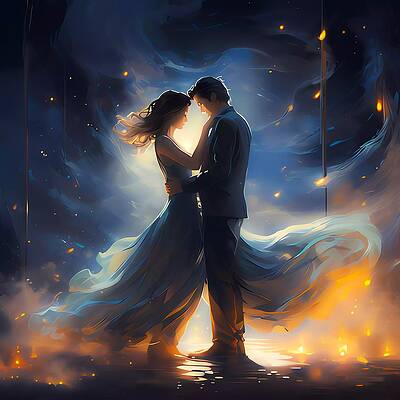 Whimsical Wall Art featuring the digital art A Romantic Couple Dancing Under The Moonlight No 1 by Andre Petrov
