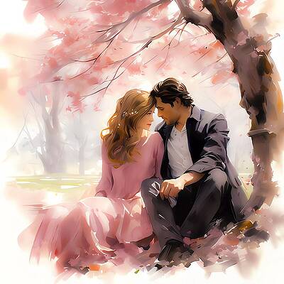 Color Wall Art featuring the digital art A Romantic Couple Sitting Under A Cherry Blossom Tree by Andre Petrov