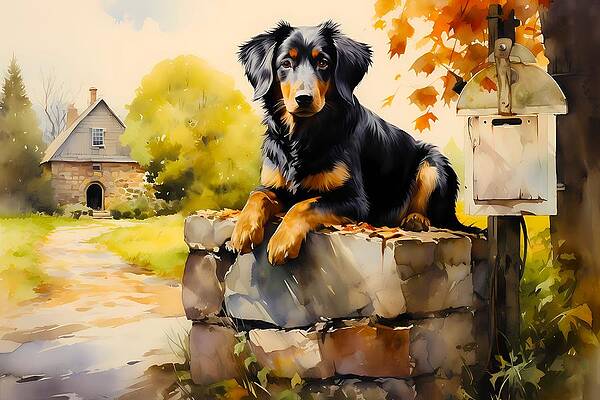 Atmospheric Wall Art featuring the digital art A Romanticized Watercolor Art Of A Dog Waiting Patiently By A Rural Mailbox No 1 by Andre Petrov