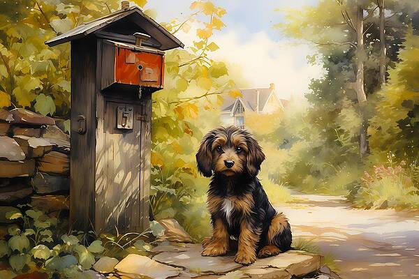 Atmospheric Wall Art featuring the digital art A Romanticized Watercolor Art Of A Dog Waiting Patiently By A Rural Mailbox No 2 by Andre Petrov