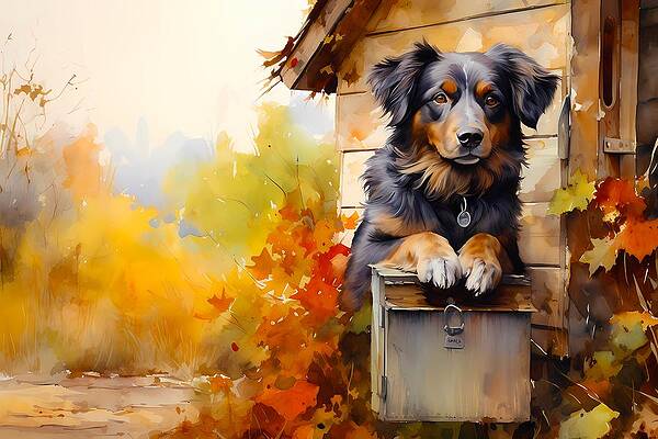 Atmospheric Wall Art featuring the digital art A Romanticized Watercolor Art Of A Dog Waiting Patiently By A Rural Mailbox No 3 by Andre Petrov