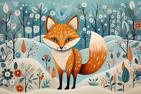 Wildlife Digital Art - A Scandinavian Folk Art Depiction Of A Curious Fox In A Winter Forest No 1 by Andre Petrov