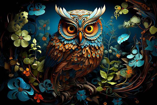 Whimsical Wall Art featuring the digital art A Surrealist Art Interpretation Of An Owl And Its Nocturnal World by Andre Petrov