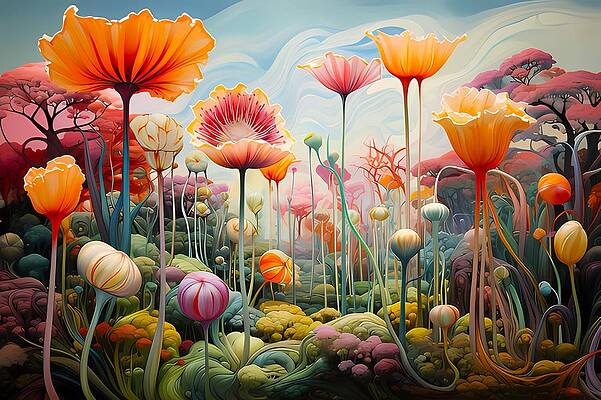 Vibrant Digital Art - A Surrealist Painting Featuring A Landscape Of Giant, Fantastical Flowers No 1 by Andre Petrov