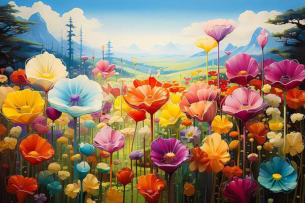 Whimsical Wall Art featuring the digital art A Surrealist Painting Featuring A Landscape Of Giant, Fantastical Flowers No 2 by Andre Petrov