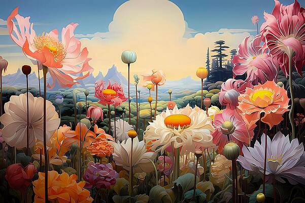 Whimsical Wall Art featuring the digital art A Surrealist Painting Featuring A Landscape Of Giant, Fantastical Flowers No 3 by Andre Petrov