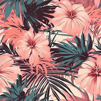 Design Wall Art featuring the digital art A Tropical Pattern Of Palm Leaves And Flowers On A Pink No 1 by Andre Petrov