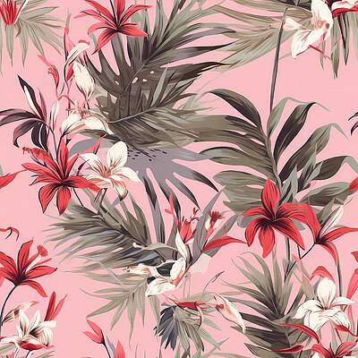 Design Wall Art featuring the digital art A Tropical Pattern Of Palm Leaves And Flowers On A Pink No 2 by Andre Petrov