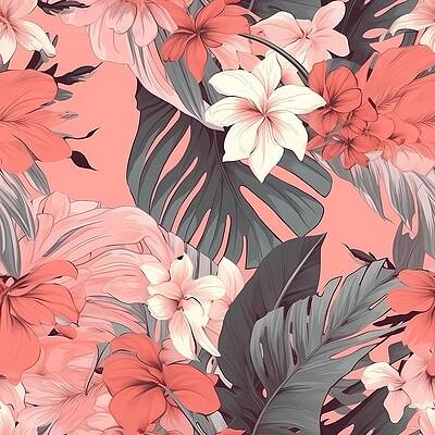 Design Wall Art featuring the digital art A Tropical Pattern Of Palm Leaves And Flowers On A Pink No 4 by Andre Petrov