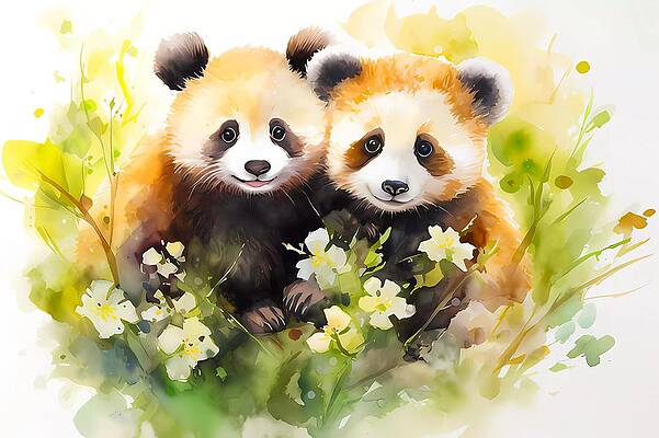 Wildlife Digital Art - A Watercolor Artwork Of A Friendly Panda With Its Cub No 2 by Andre Petrov