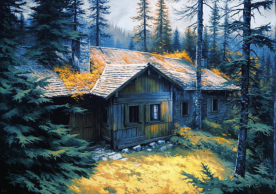 Mountain Wall Art featuring the digital art Abandoned Cottage In The Mountains, In The Middle Of A Pine Forest - Digital Painting by Nicko Prints