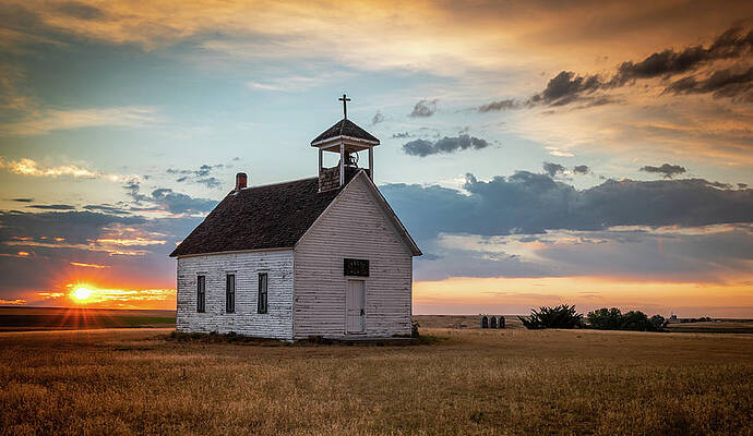 Yellow Wall Art featuring the photograph Abbott Church At Sunset by Kevin Schwalbe