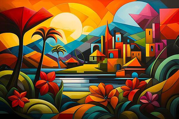 Abstract Wall Art featuring the digital art Abstract Cubist Tropical Landscape No 1 by Andre Petrov
