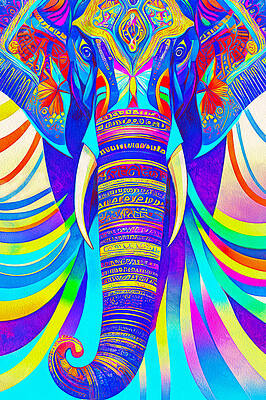 Vibrant Wall Art featuring the digital art Abstract Elephant Portrait With Colorful Swirls And Decorative Patterns by Nicko Prints