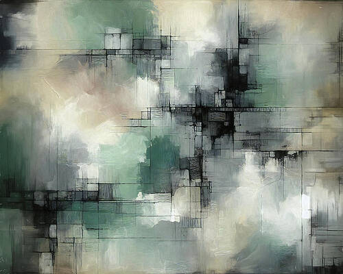 Wall Art featuring the digital art Abstract With Muted Greens And Black Line Accents by Alison Frank