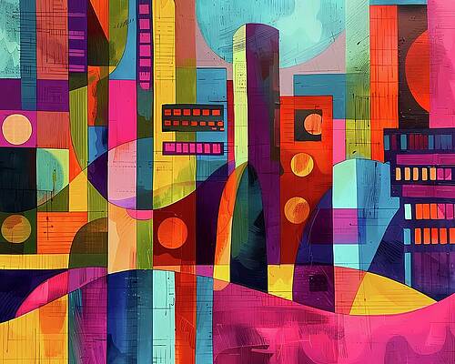 Geometric Wall Art featuring the digital art Abstract_cityscape_geometric_shapes_vibrant_urban_colors_No 1 by Andre Petrov