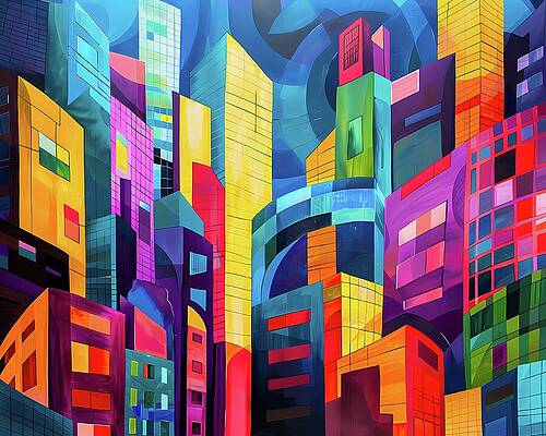 Geometric Wall Art featuring the digital art Abstract_cityscape_geometric_shapes_vibrant_urban_colors_No 2 by Andre Petrov