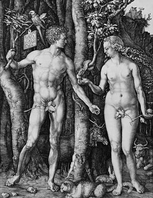 Modern Wall Art featuring the drawing Adam And Eve By Albrecht Durer by The Luxury Art Collection