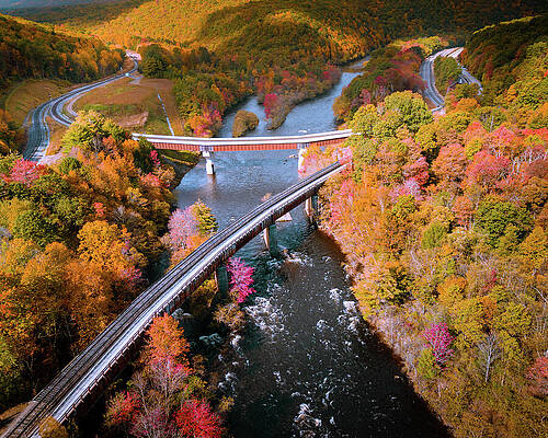 Fall Photograph - Aerial Lehigh Gorge Trail Bridge Fall Foliage by Jason Fink