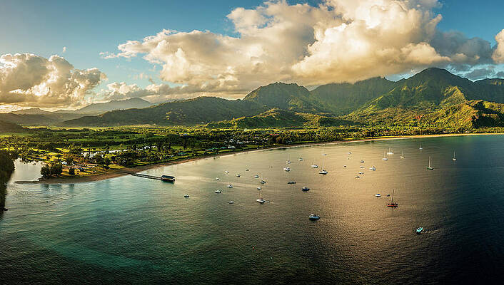Wall Art featuring the photograph Aerial Panorama Over The Town Of Hanalei And Valley At Sunrise by Steven Heap