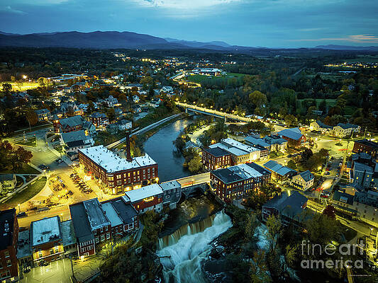 Sunset Photograph - Aerial View At Sunset Of Battell Bridge Waterfall At Middlebury, Vermont by Eric Killorin