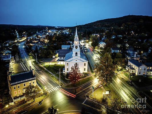 Sunset Photograph - Aerial View Of Congregational Church In Middlebury, Vermont by Eric Killorin